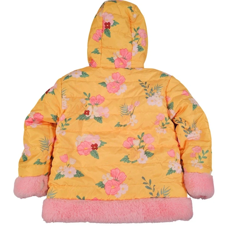 Disney Junior Minnie Mouse‎ Reversible Puffer Jacket Yellow Floral Pink 3T New